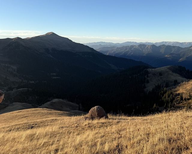 An autumn mountain meadow and dark peaks